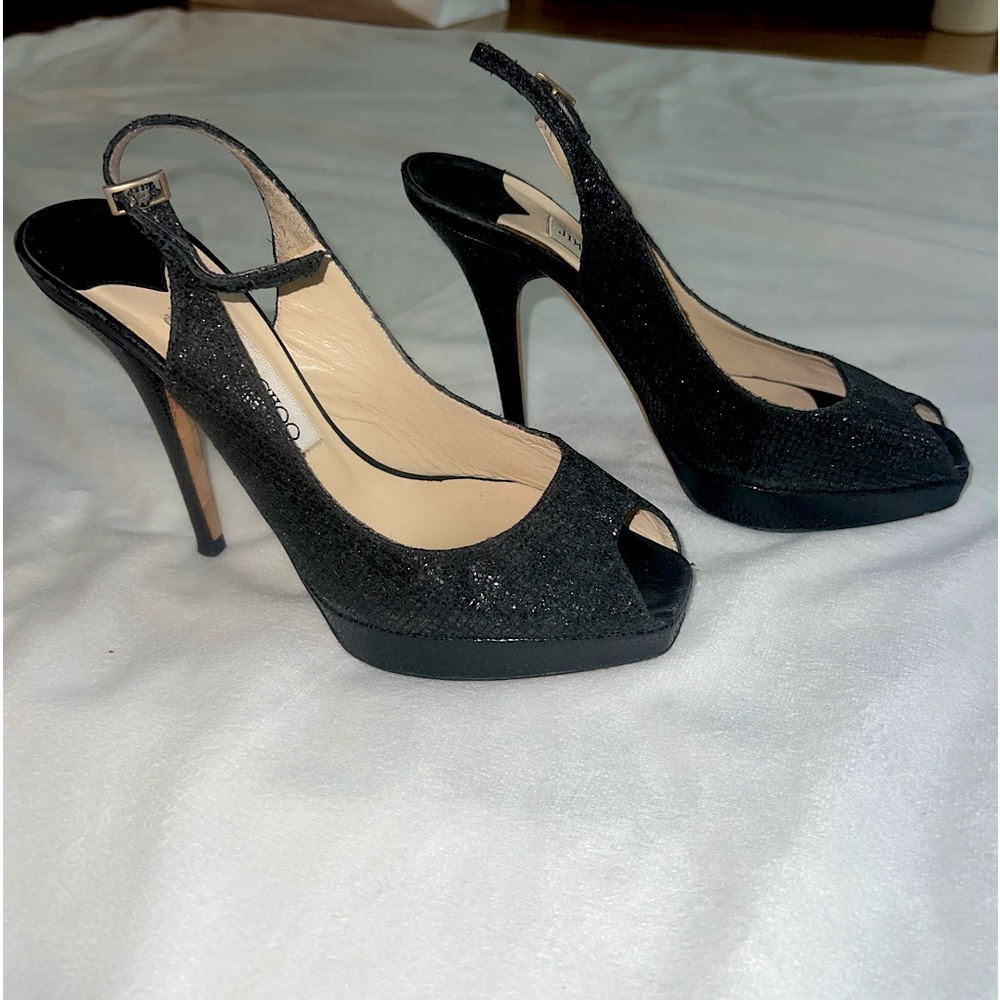 vintage shimmery black jimmy choo heels, super flattering!